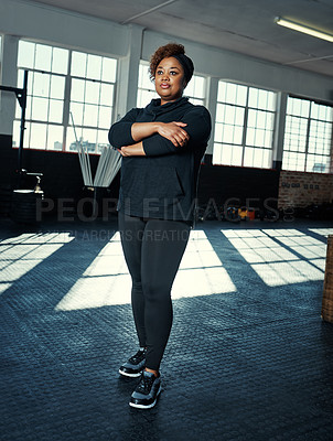 Buy stock photo Crossed arms, fitness and black woman in gym for exercise, training and ready for workout. Sports, athlete and person thinking with confidence, pride and serious for wellness, health and challenge