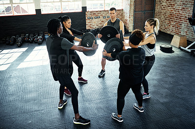 Buy stock photo Gym, fitness and people in class with weights for exercise, workout and bodybuilder training. Sports club, trainer and men and women with equipment for weightlifting, muscle strength and challenge