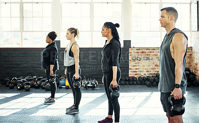 Buy stock photo Profile, kettlebell and people in gym, exercise and support for body development. Group, men and women in wellness center, training and equipment for health benefits, challenge and motivation