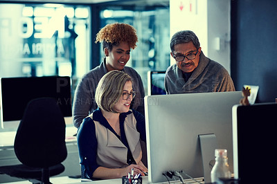 Buy stock photo Happy, team and group with computer, office and grammar check on website, journalist and discussion. Newsroom, reading and people with tech for article, coworking and editing for magazine submission