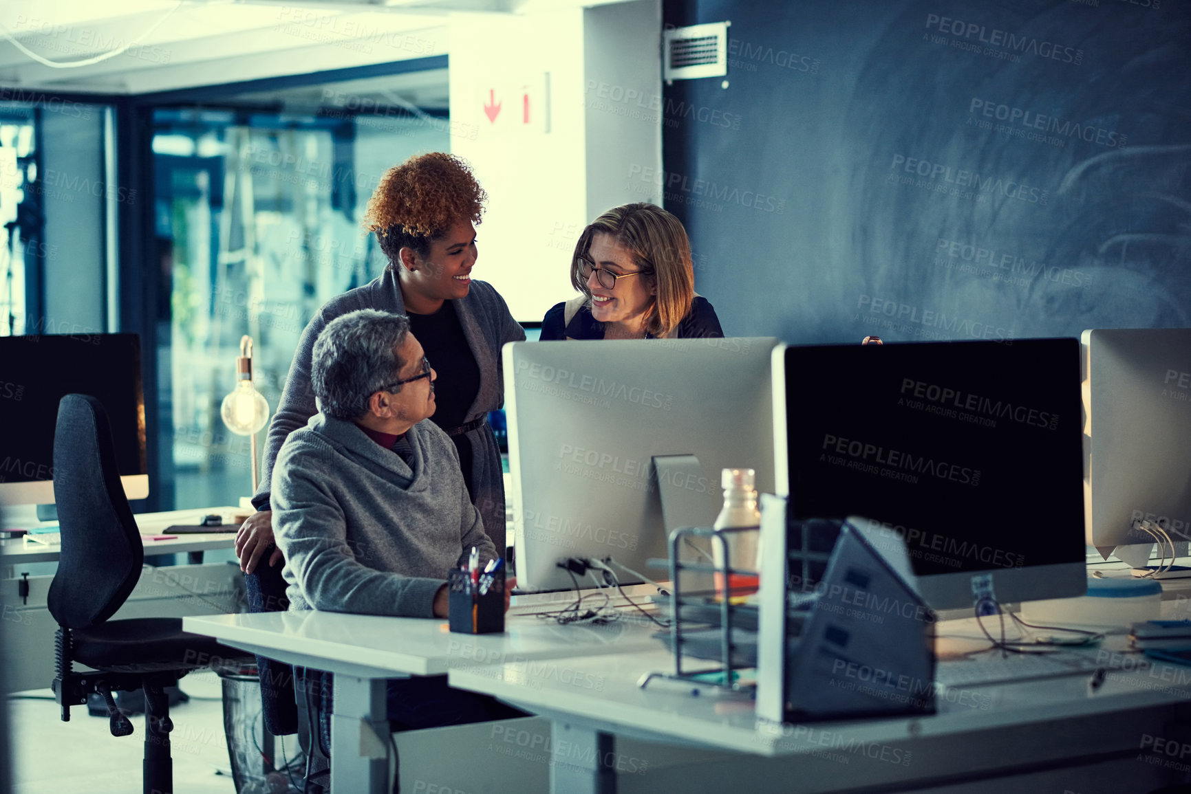 Buy stock photo Talking, planning and people in workplace, computer for online article and feedback for project. Teamwork, brainstorming or journalist with pc, creativity and email for news report or column deadline