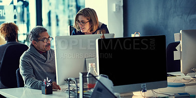 Buy stock photo Happy, people and computer with advice in office for news headline, article guidance and teamwork. Evening, journalist and editor with tech at coworking agency for report review and blog assistance