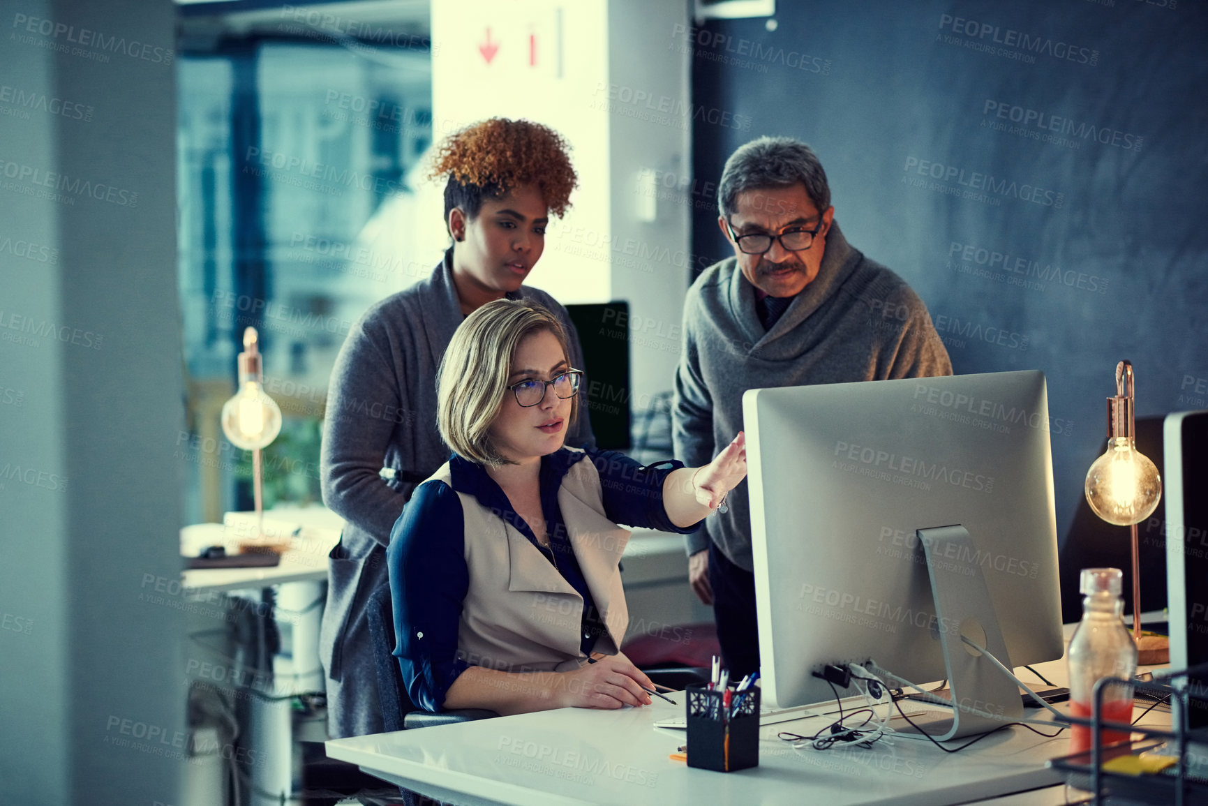 Buy stock photo Computer, planning and team with business people in office for brainstorming, email and discussion. Schedule, report and coaching with employees in digital agency for communication and advice