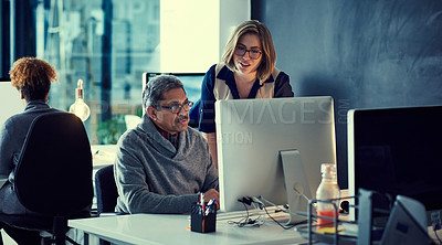 Buy stock photo Computer, talking and business people in office for advice, feedback and project review. Creative agency, helping and man and woman on pc for collaboration, meeting and planning for online report