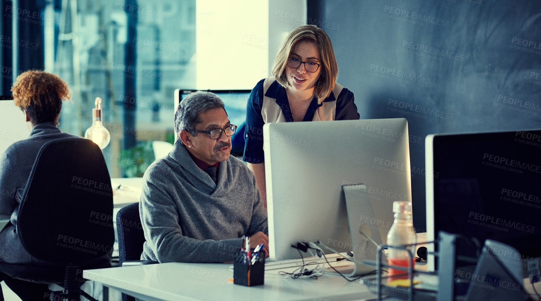 Buy stock photo Computer, talking and business people in office for advice, feedback and project review. Creative agency, helping and man and woman on pc for collaboration, meeting and planning for online report