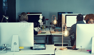 Buy stock photo Computer, coworking space and business people in office at night with finance report with budget plan. Technology, research and financial advisors with investment proposal with deadline in workplace.