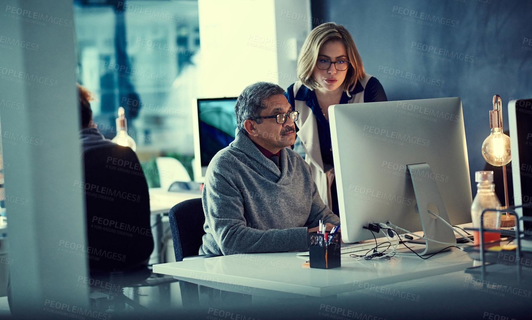 Buy stock photo Computer, help and business people in discussion for advice, feedback and project review. Creative agency, office and man and woman on pc for collaboration, meeting and planning for online report