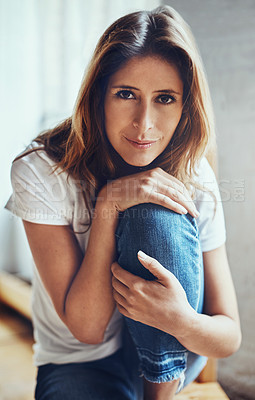 Buy stock photo Morning, portrait and style with woman in loft apartment for me time chilling, relax or unwind. Break, confident and minimalist fashion with female person in home for weekend calm, pause or reset
