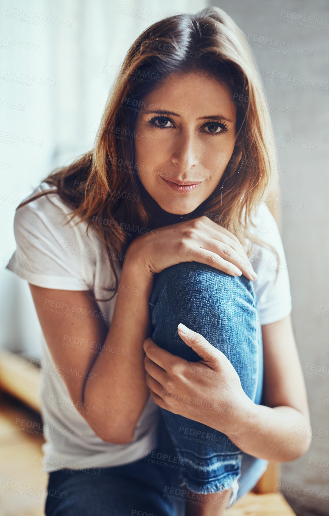 Buy stock photo Morning, portrait and style with woman in loft apartment for me time chilling, relax or unwind. Break, confident and minimalist fashion with female person in home for weekend calm, pause or reset