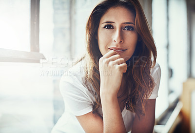Buy stock photo Happy, portrait and woman on break, home and pride for property investment or chill in new apartment. Calm, homeowner and person with smile for mortgage, relocation and confident on weekend in USA