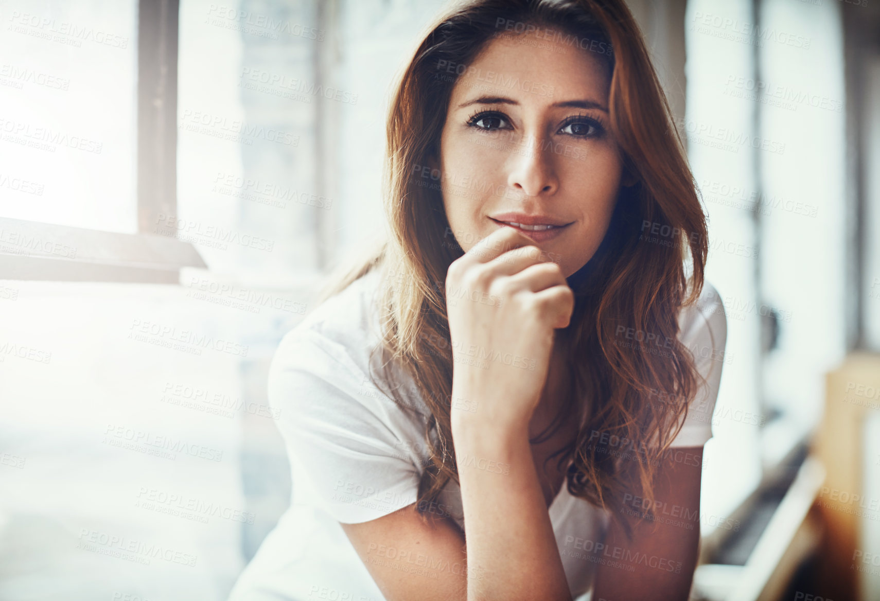 Buy stock photo Happy, portrait and woman on break, home and pride for property investment or chill in new apartment. Calm, homeowner and person with smile for mortgage, relocation and confident on weekend in USA