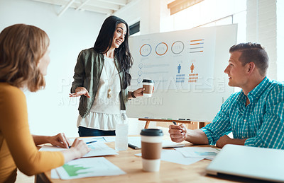 Buy stock photo Talking, whiteboard and woman with business people in meeting for finance review, analytics and budget. Teamwork, startup and workers with graphs for research, financial statistics and presentation