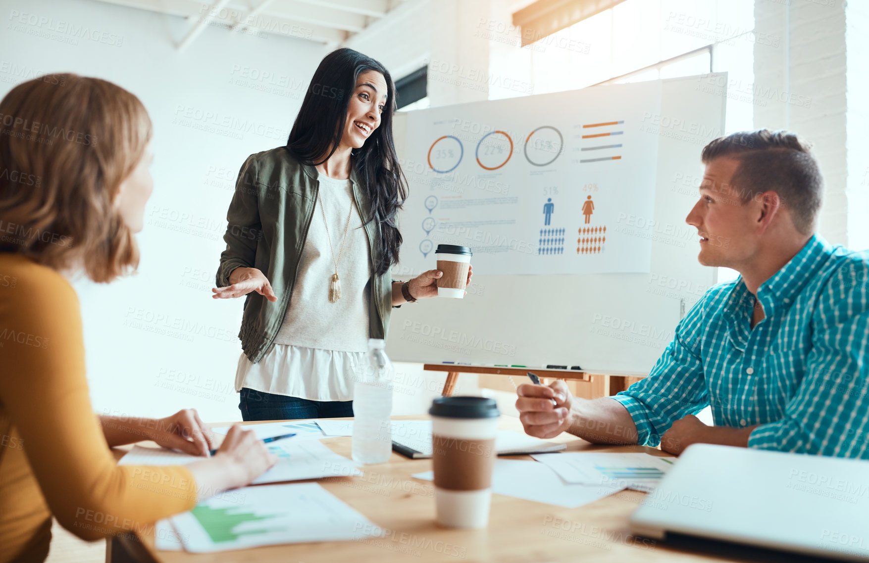 Buy stock photo Talking, whiteboard and woman with business people in meeting for finance review, analytics and budget. Teamwork, startup and workers with graphs for research, financial statistics and presentation