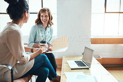 Buy stock photo Folder, team and business women with discussion, idea or analysis for event planning with laptop. Computer, organizer or happy people in meeting with paper for venue stats or schedule in office