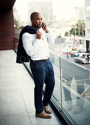 Buy stock photo Businessman, phone call and discussion in office for contact, deal or market update at trading company. Black person, smartphone and financial advisor on balcony for consultation at investment agency