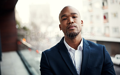Buy stock photo Serious, portrait and businessman on balcony by office in city with confidence for finance career. Professional, outdoor and male financial manager with pride for job growth by workplace in Mexico.