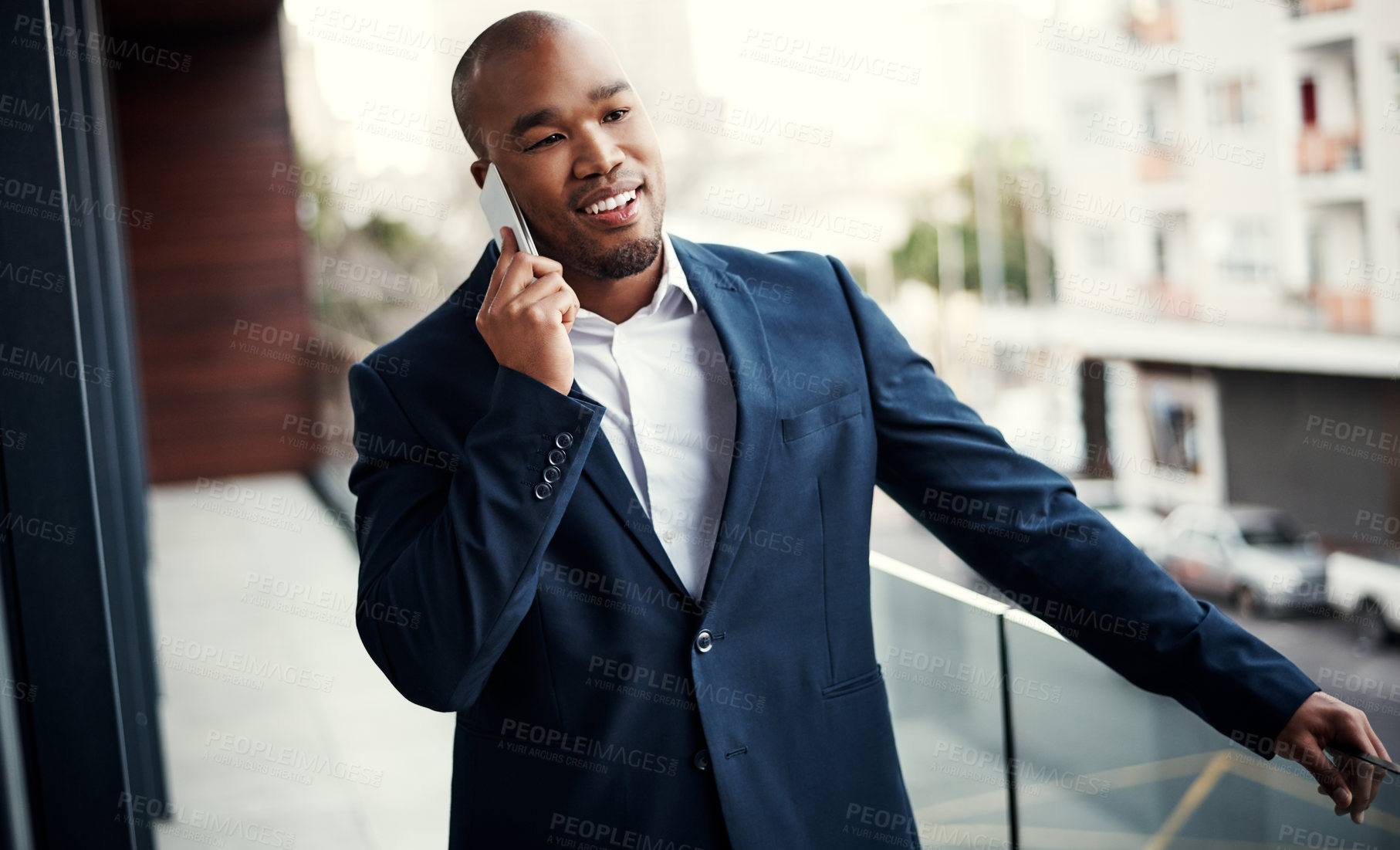 Buy stock photo Phone call, happy and business black man outdoor for contact, commercial broker and negotiation closer. Communication, investment consultant and networking with account agent on balcony for deal