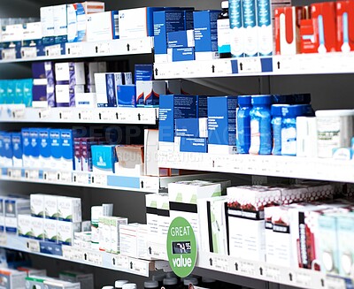 Buy stock photo Medication, shelves and containers in empty pharmacy for prescription, pharmaceuticals or vitamins. Retail, healthcare and medicine stock inventory for supplements, pills or tablets at dispensary.