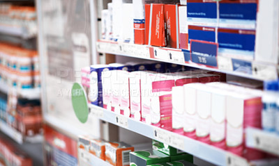 Buy stock photo Medication, shelves and boxes in empty store for prescription, pharmaceuticals or vitamins. Retail pharmacy, healthcare and medicine stock inventory for supplements, pills or tablets at dispensary.