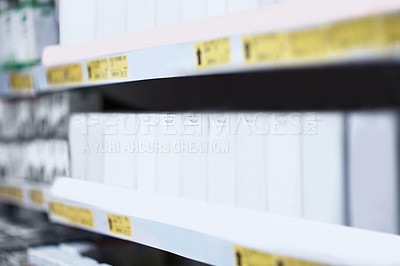 Buy stock photo Pharmacy, empty and medication on shelf in store for prescription, vitamins or supplements. Healthcare, mockup space and aisle of medicine, box and inventory for vitality, medical product or wellness