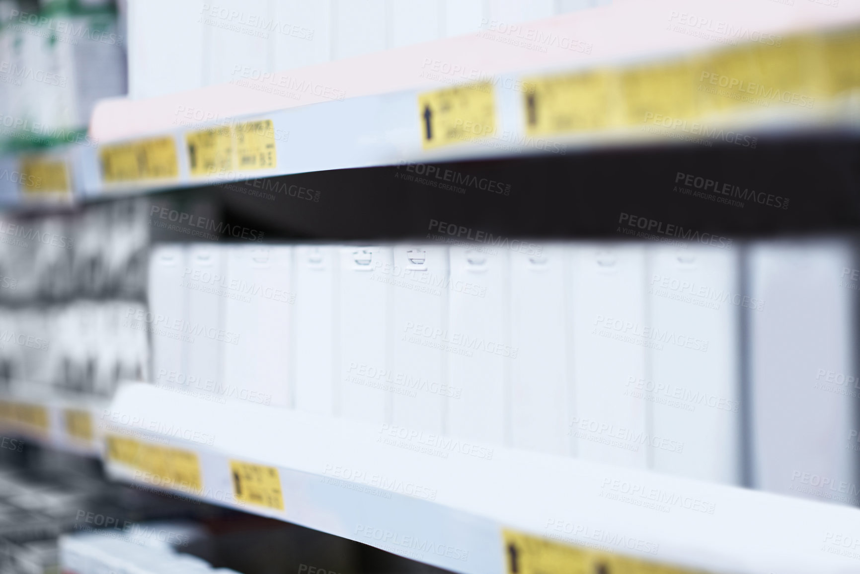 Buy stock photo Pharmacy, empty and medication on shelf in store for prescription, vitamins or supplements. Healthcare, mockup space and aisle of medicine, box and inventory for vitality, medical product or wellness