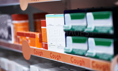 Buy stock photo Pharmacy, cough syrup and medicine on shelf in store for prescription, chest infection and remedy. Healthcare, dispensary and aisle of medication, pills and medical products for respiratory symptoms
