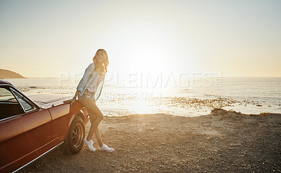 Buy stock photo Thinking, beach or woman in car for road trip, cross country drive or sunset for sightseeing holiday. Sunshine, reflection or tourist with transport for coastal journey, space or vacation adventure