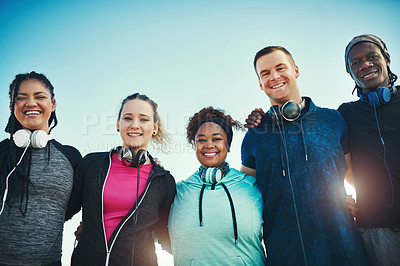 Buy stock photo People, friends and outdoor with hug for fitness, portrait or low angle with smile in summer. Group, runner and happy with embrace, diversity and sunshine with break, bonding and support for exercise