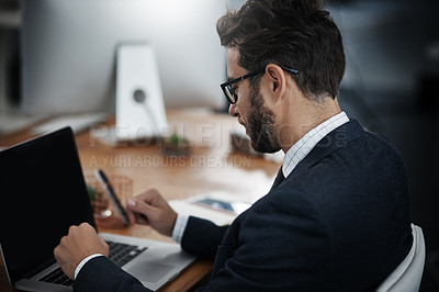 Buy stock photo Laptop, corporate and business man in office for finance report, thinking or reading email. Computer, banker and person in workplace for research with account info, planning and investment review