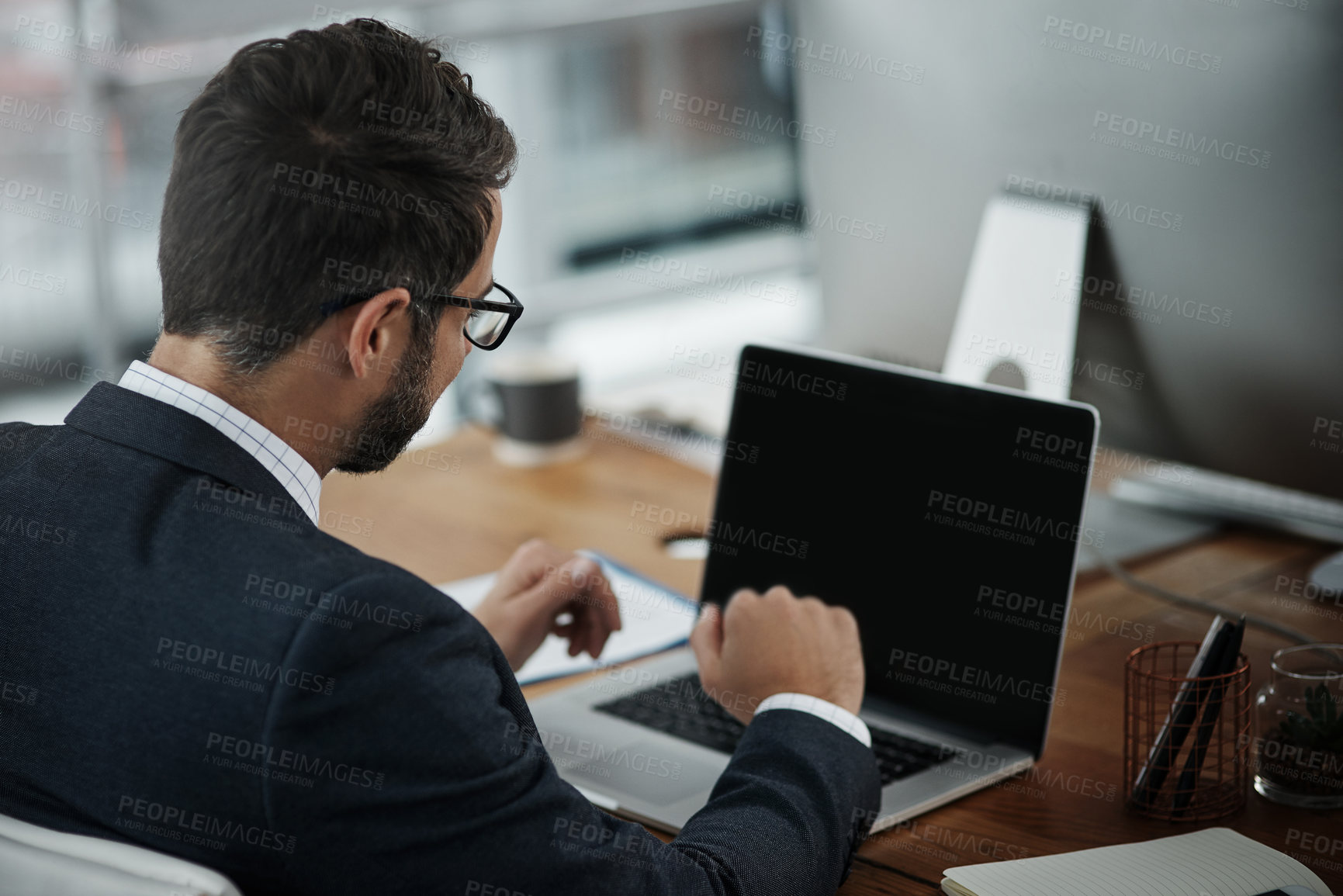 Buy stock photo Laptop screen, corporate and business man in office for finance report, think or reading email. Computer, banker and person in workplace for research with account info, planning and investment review