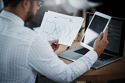 Buy stock photo Document, tablet screen and business man with chart for sales records, profit stats or finance info. Hands, tech or analyst with paperwork for data, metrics or investment growth with laptop in office