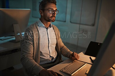 Buy stock photo Night, computer and planning with business man office for online, research and it web system. Overtime, reading and project manager with employee in tech agency for operations launch or developer