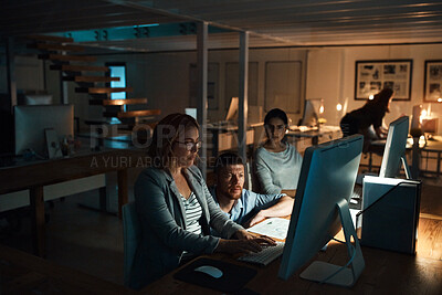 Buy stock photo Night, business people or planning on computer in digital agency, prototype deadline or software upgrade. Brainstorming, coworking or developer team with program idea for maintenance, pc or overtime