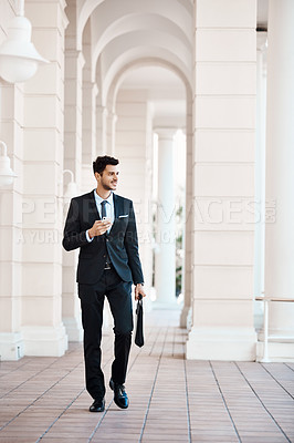Buy stock photo Walking, thinking or businessman with phone at courthouse, lawsuit planning or dispute reflection for trial. Smile, justice or lawyer with idea for settlement negotiation, mobile or jury perspective
