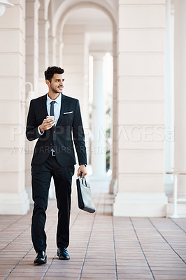 Buy stock photo Walking, thinking or businessman with mobile at courthouse, lawsuit planning or dispute reflection for trial. Smile, commute or lawyer with idea for settlement negotiation, phone or jury perspective
