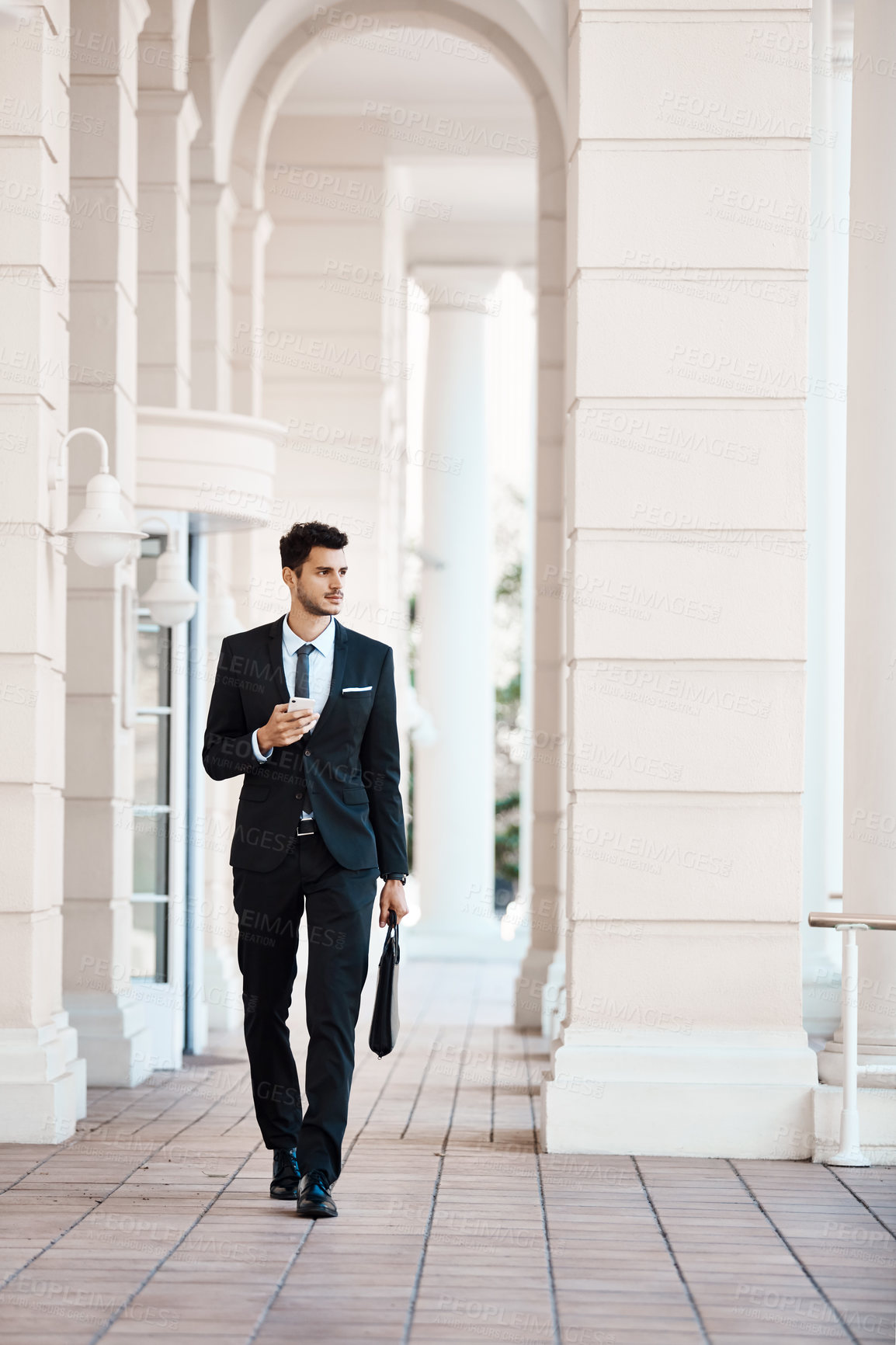 Buy stock photo Walking, think or businessman with phone at courthouse, lawsuit planning or dispute reflection for trial. Commute, justice or lawyer with idea for settlement negotiation, mobile or jury perspective