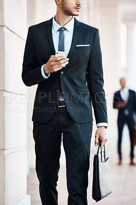 Buy stock photo Phone, hands and businessman in city with contact, email or networking for finance report. Technology, briefcase and male financial advisor with cellphone for communication on investment in town.