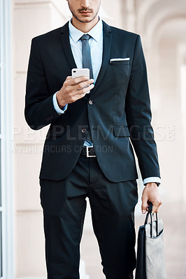 Buy stock photo Cellphone, hands and businessman in city with contact, email or networking for finance report. Technology, briefcase and male financial advisor with phone for communication on investment in town.