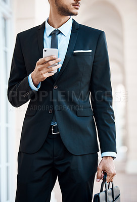 Buy stock photo Businessman, phone and hands outdoor for social media, communication and commute in city. Thinking, employee and smartphone for online texting, travel research or app for networking in urban town