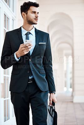 Buy stock photo Businessman, walk and thinking with smartphone, outdoor or communication for meeting schedule on web. Employee, commuting and person with mobile for networking, reflection and chat on social media