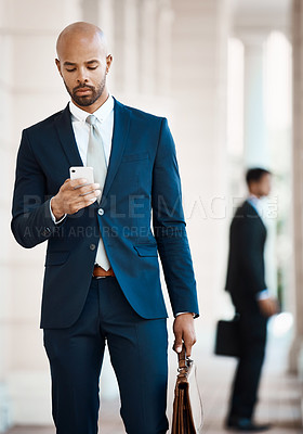 Buy stock photo Phone, reading and businessman in city with contact, email or networking for finance report. Technology, mobile app and male financial advisor with cellphone for communication on investment in town.