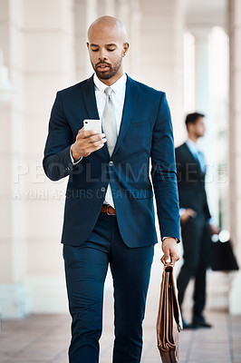 Buy stock photo Phone, briefcase and businessman in city with contact, email or networking for finance report. Technology, reading and male financial advisor with cellphone for communication on investment in town.