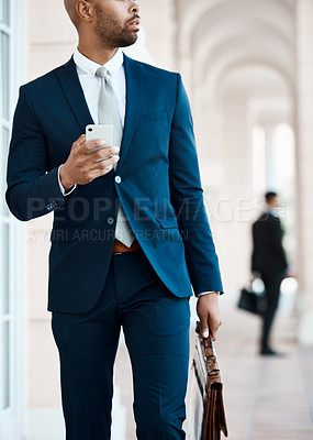 Buy stock photo Phone, hands and businessman in city with communication, email or networking for finance report. Technology, notification and male financial advisor with cellphone for contact on investment in town.