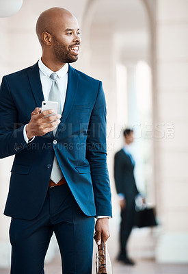 Buy stock photo Thinking, businessman and lawyer with phone outdoor for vision, legal research and court case. Thoughts, male attorney and mobile with reflection, daydreaming and confidential information for justice