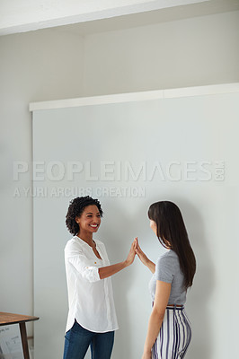 Buy stock photo Advertising, smile and women with high five in office, campaign launch and brand awareness success. Teamwork, achievement or people with celebration for promotion project, audience increase and happy