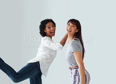 Buy stock photo Business, woman and excited team in studio for journalism award, career achievement and space. Happy portrait, journalists or celebration on gray background for news recognition and positive feedback