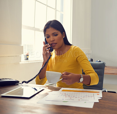 Buy stock photo Coffee, telephone and business woman in creative office for brand anaylsis, campaign deal or offer. Call, marketing analyst and person talk to client for update, ad feedback or communication with tea