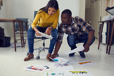 Buy stock photo Paperwork, reading or business people with tablet in startup, web traffic or market research review. Search engine data, tech or team with stats report for planning, growth trend or media engagement