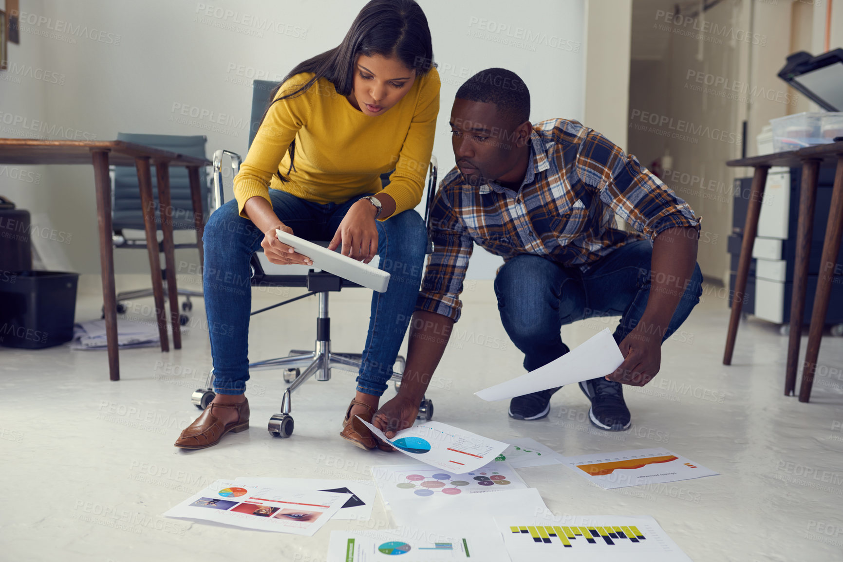 Buy stock photo Paperwork, reading or business people with tablet in startup, web traffic or market research review. Search engine data, tech or team with stats report for planning, growth trend or media engagement