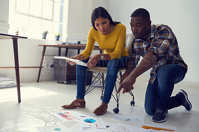 Buy stock photo Document, reading or business people with tablet in startup, web traffic or market research review. Search engine data, tech or staff with stats report for planning, growth trend or media engagement